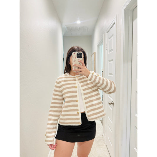 H&M tan and white striped cardigan - size medium