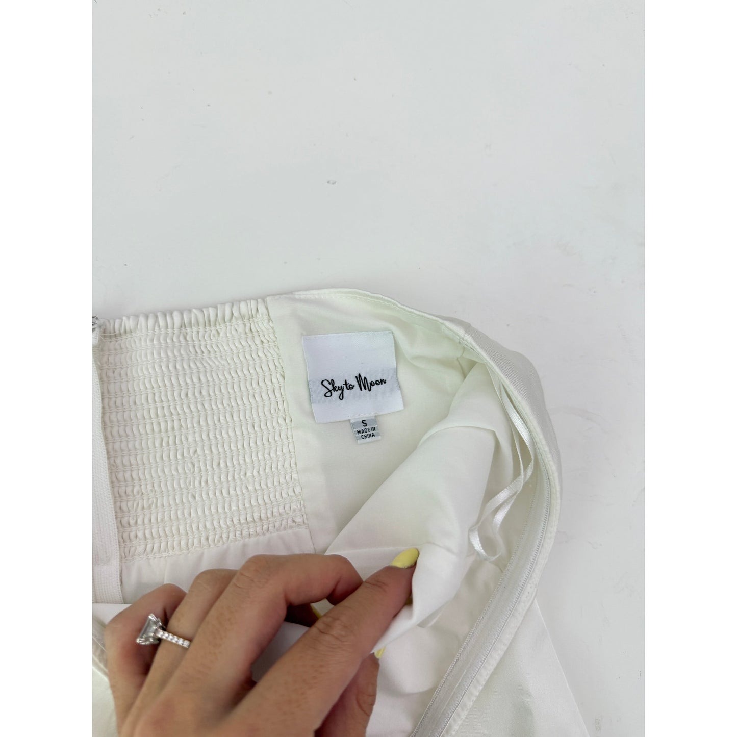 Sky to moon white stain strapless mini dress - size small
