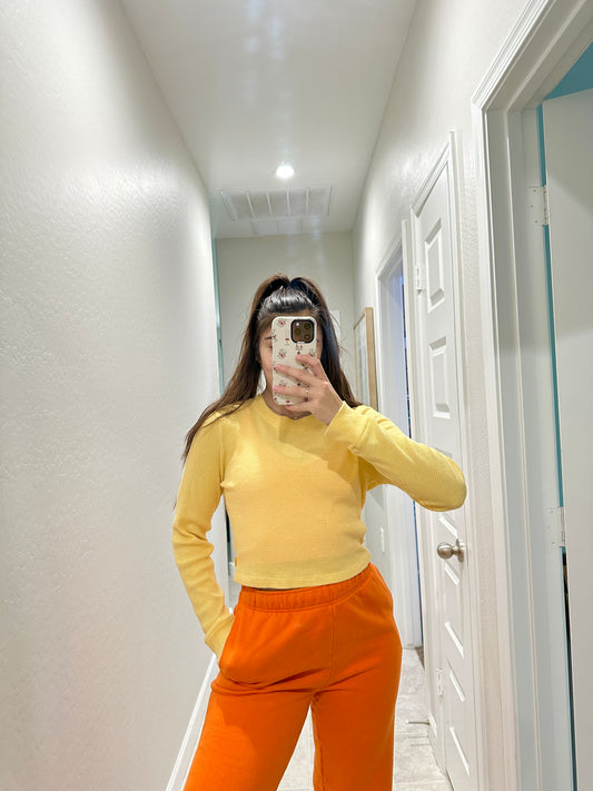 aritzia tna yellow waffle knit long sleeve (size large)