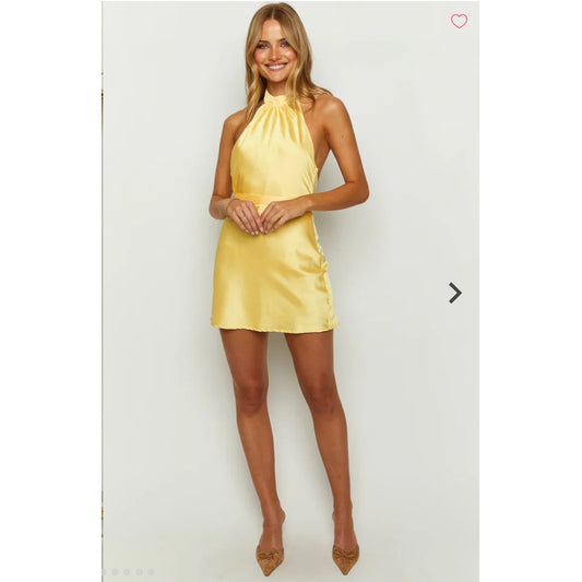 NWT beginning boutique yellow halter satin mini dress - size 6