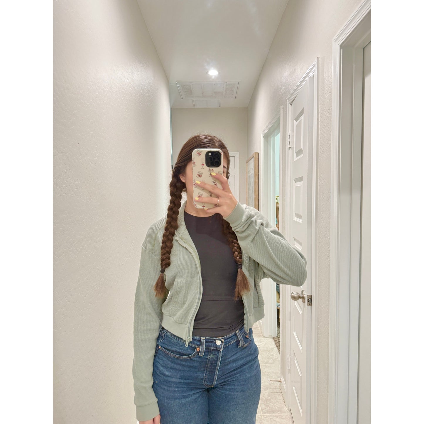 Skims sage green waffle knit cropped zip up jacket - size small