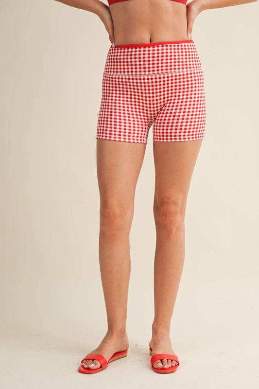 Gingham Print Contrast Binding Biker Shorts