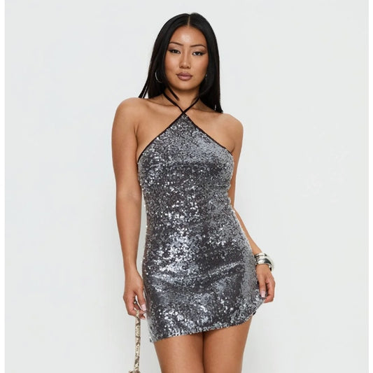 Princess Polly brown sequin halter mini dress - size 6