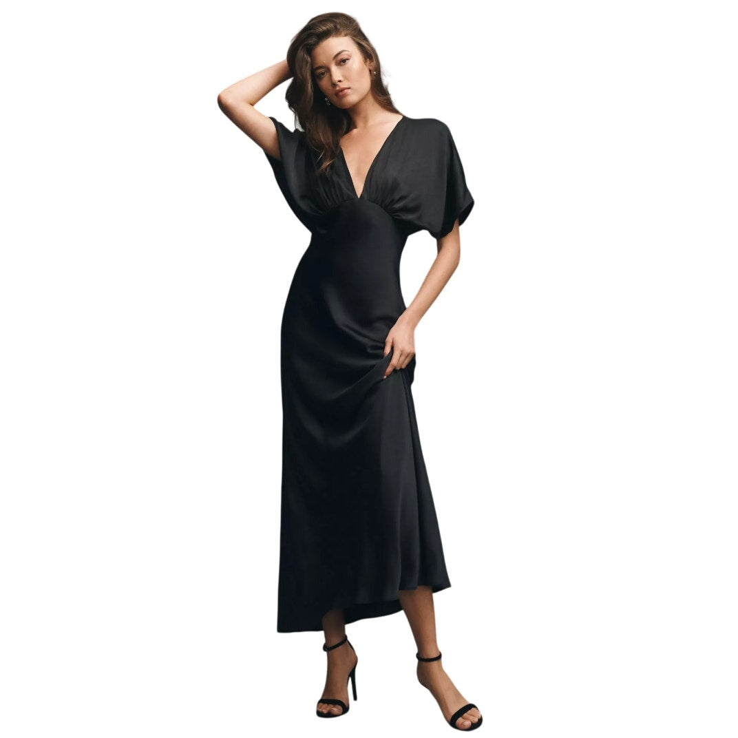 BHLDN Amelia Deep-V Flutter-Sleeve Satin A-Line Gown - size small