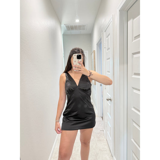 Mi Ami Black Satin V-Neck Mini Dress - Size Medium