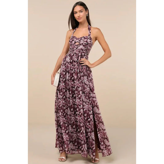 Lulu's burgundy floral pleated maxi dress - size small