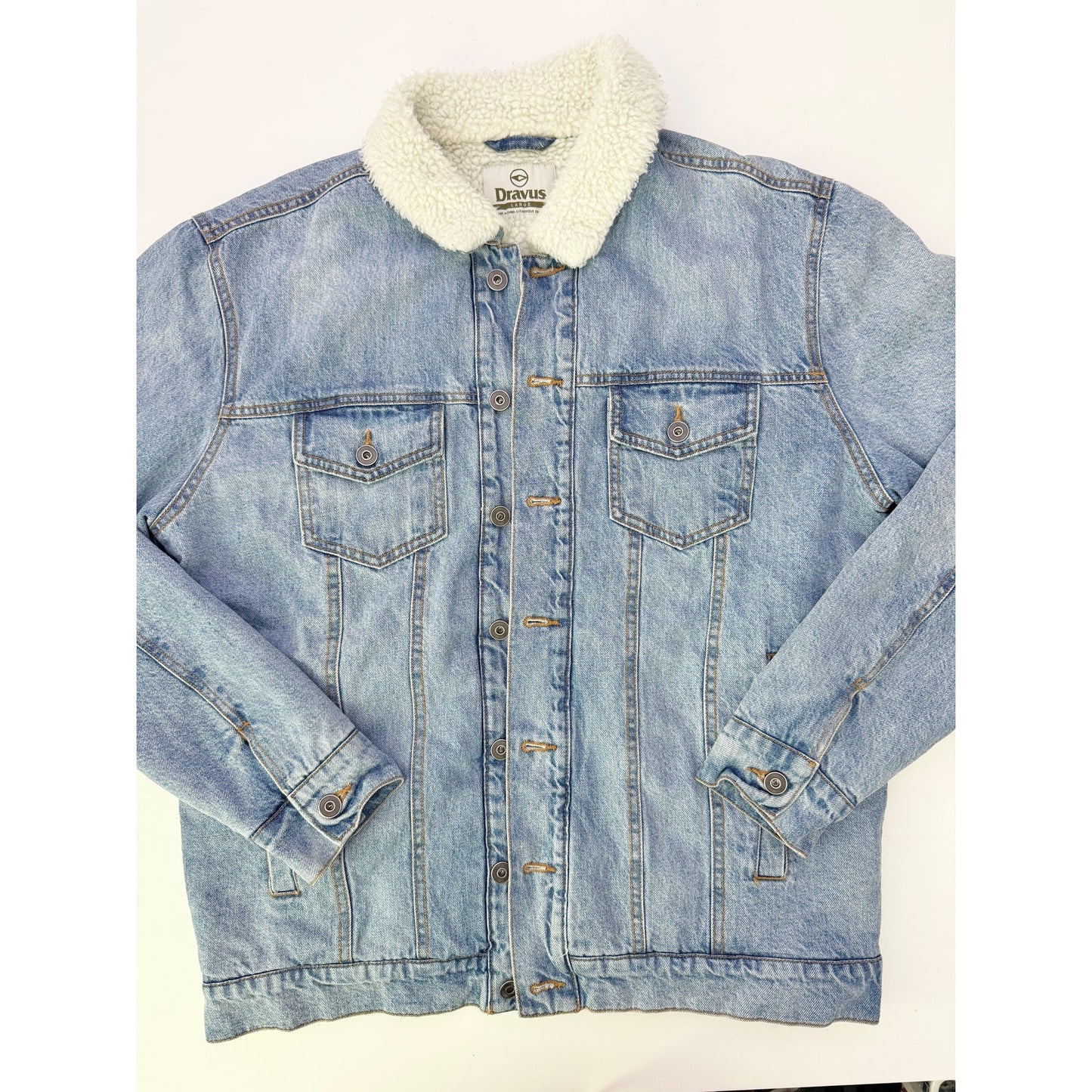 Dravus lightwash oversized sherpa denim jacket - size large