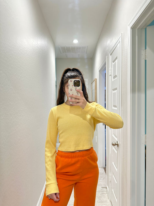 aritzia tna yellow waffle knit long sleeve (size large)