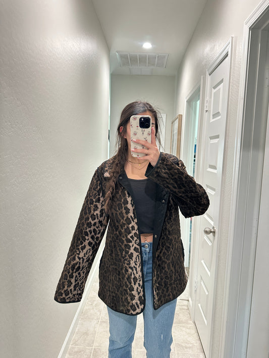 vintage leopard/ black quilted trench coat (size large)