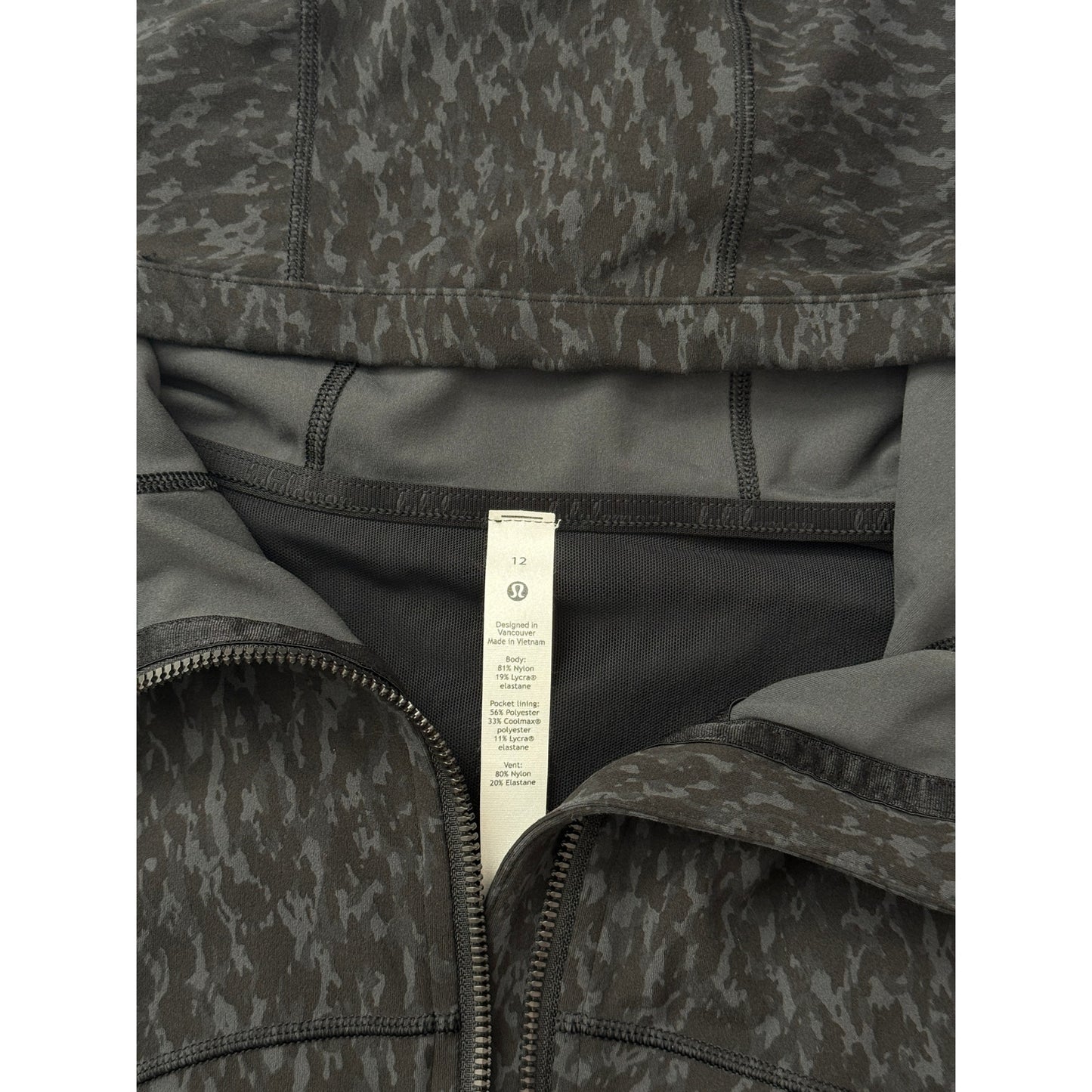 Lululemon black leopard camo hooded define jacket - size 12