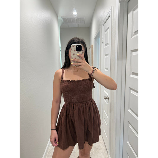 Peppermayo brown smocked mini dress - size 6