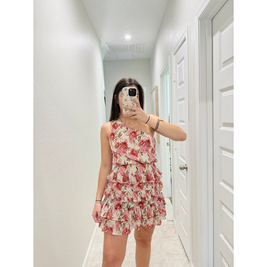 Showpo pink ruffle one shoulder mini dress - size 2
