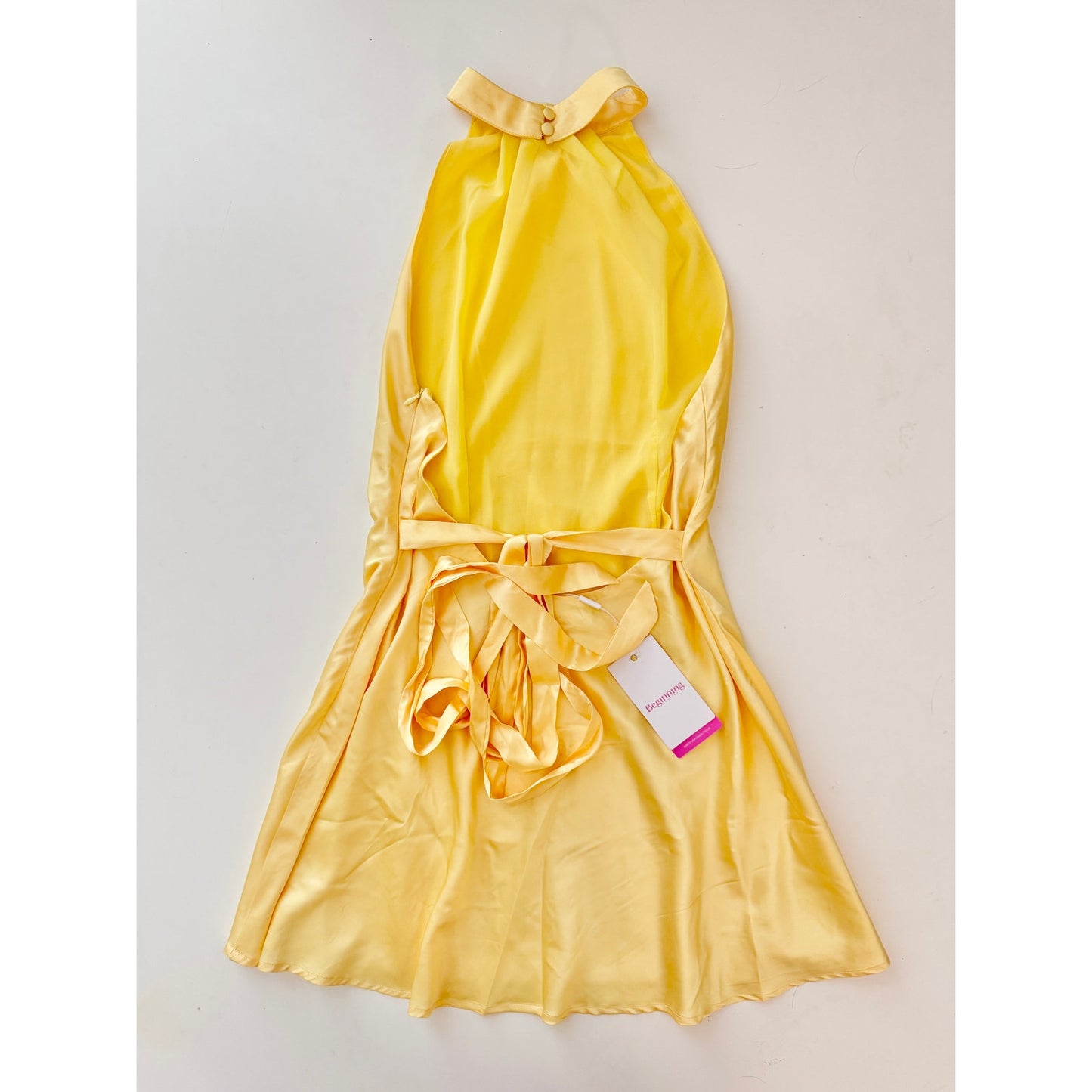 NWT beginning boutique yellow halter satin mini dress  - size 6