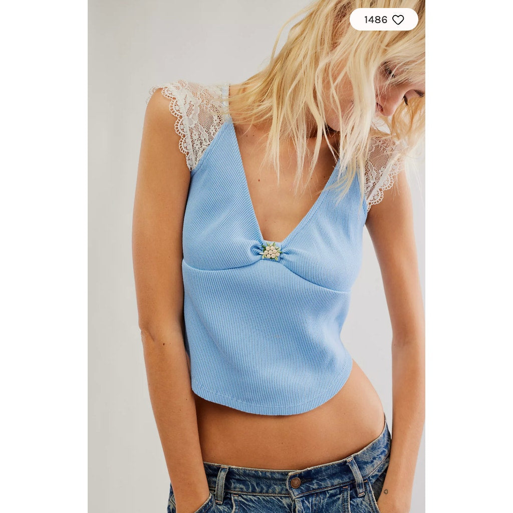 free people blue lace crop tee - size XS